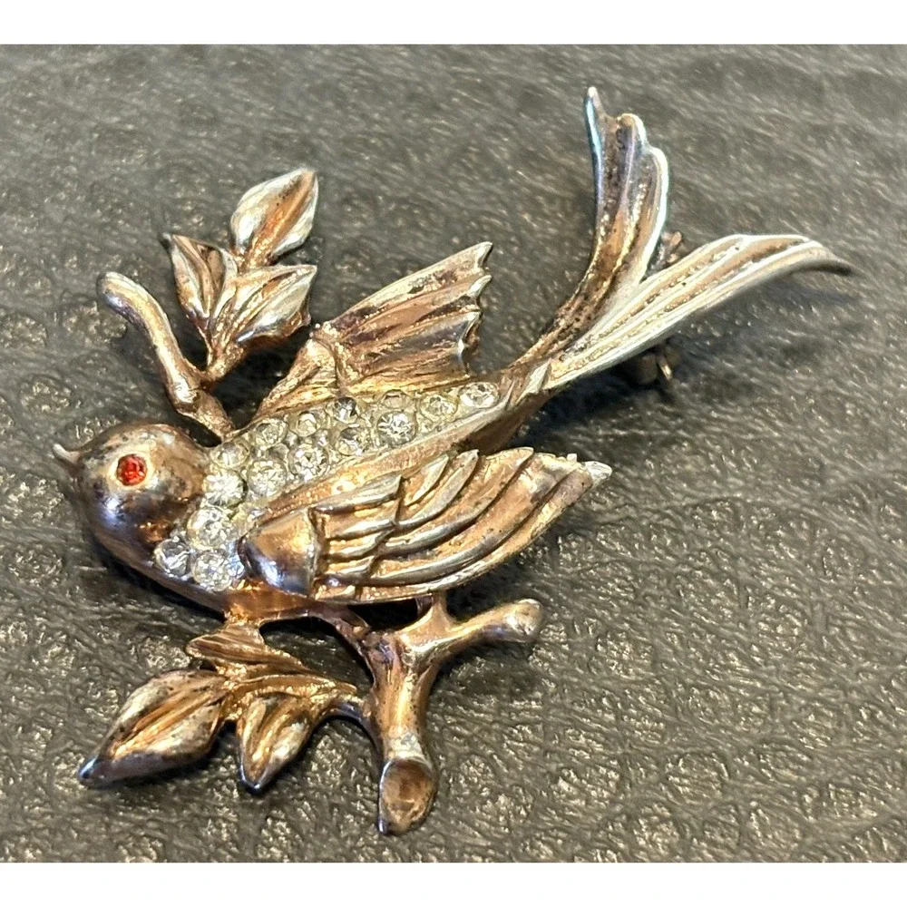 Whimsical Vintage Sterling Silver Brooch Bird On Branch 40's Brooch Pin
